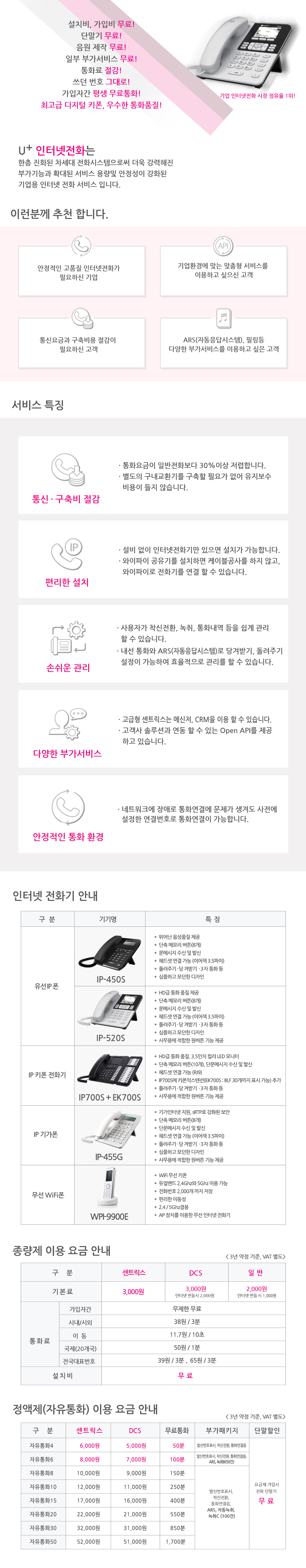 유플러스 인터넷전화는 한층 진화된 차세대 전화 시스템으로써 두욱 강력해진 부가기능과 확대된 서비스 용량및 안정성이 강화된 기업용 인터넷 전화 서비스 입니다.